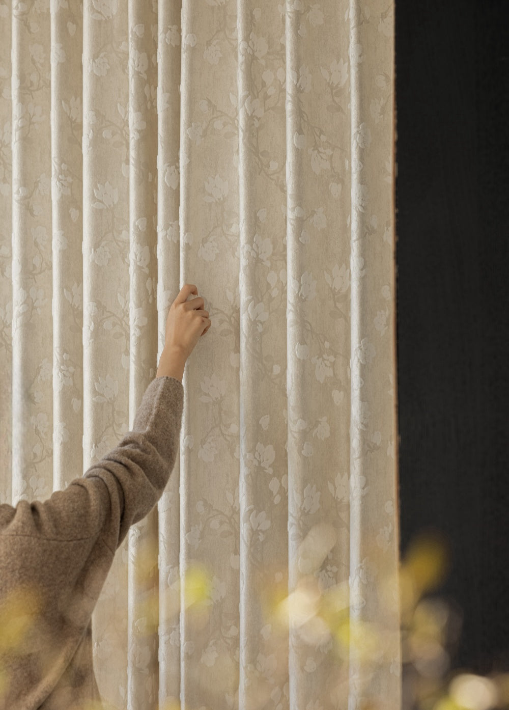 Luxury Magnolia Embroidery Pattern Curtains in dupioni silk, highlighting elegant floral design.