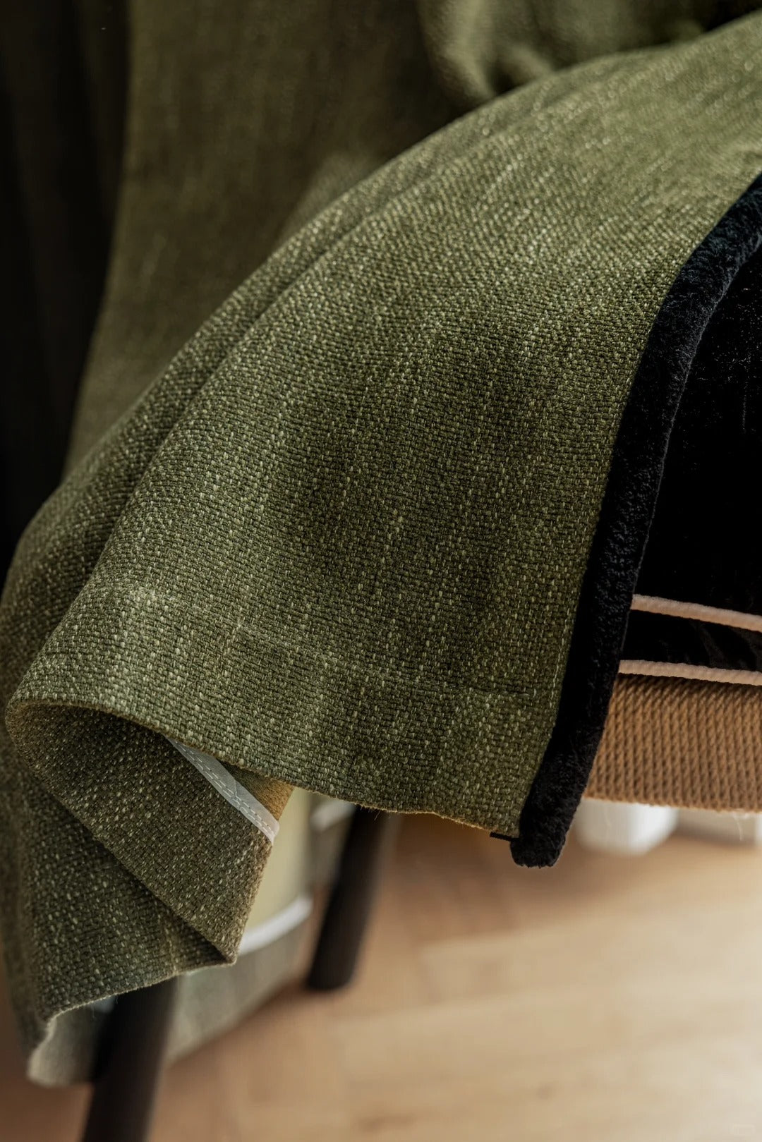 Heavyweight chenille custom curtains, blackout feature, vintage color, luxurious feel.