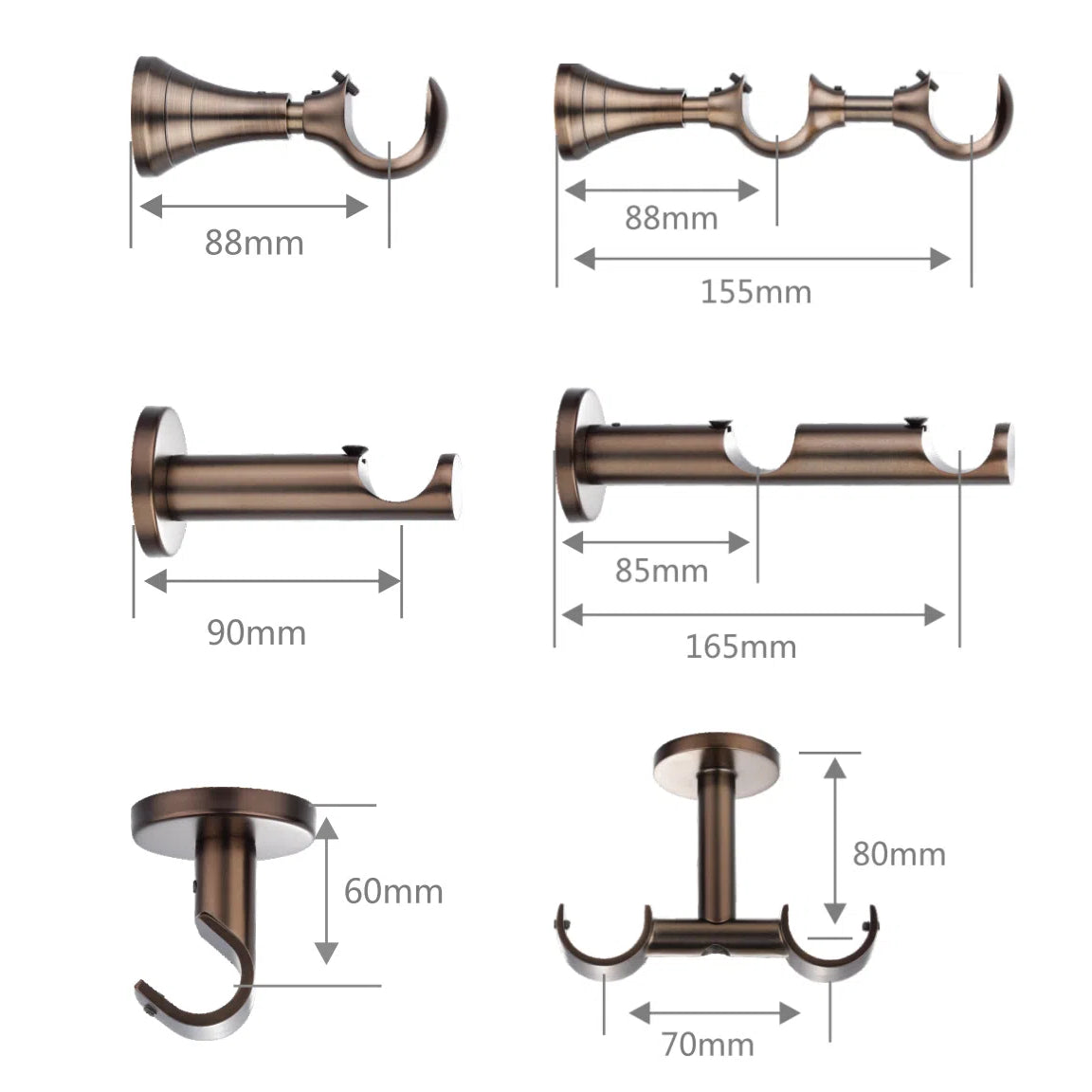 Antique bronze high end curtain rods with smooth-glide track and seamless 90-degree corner connector, featuring dimensions and mounting hardware.