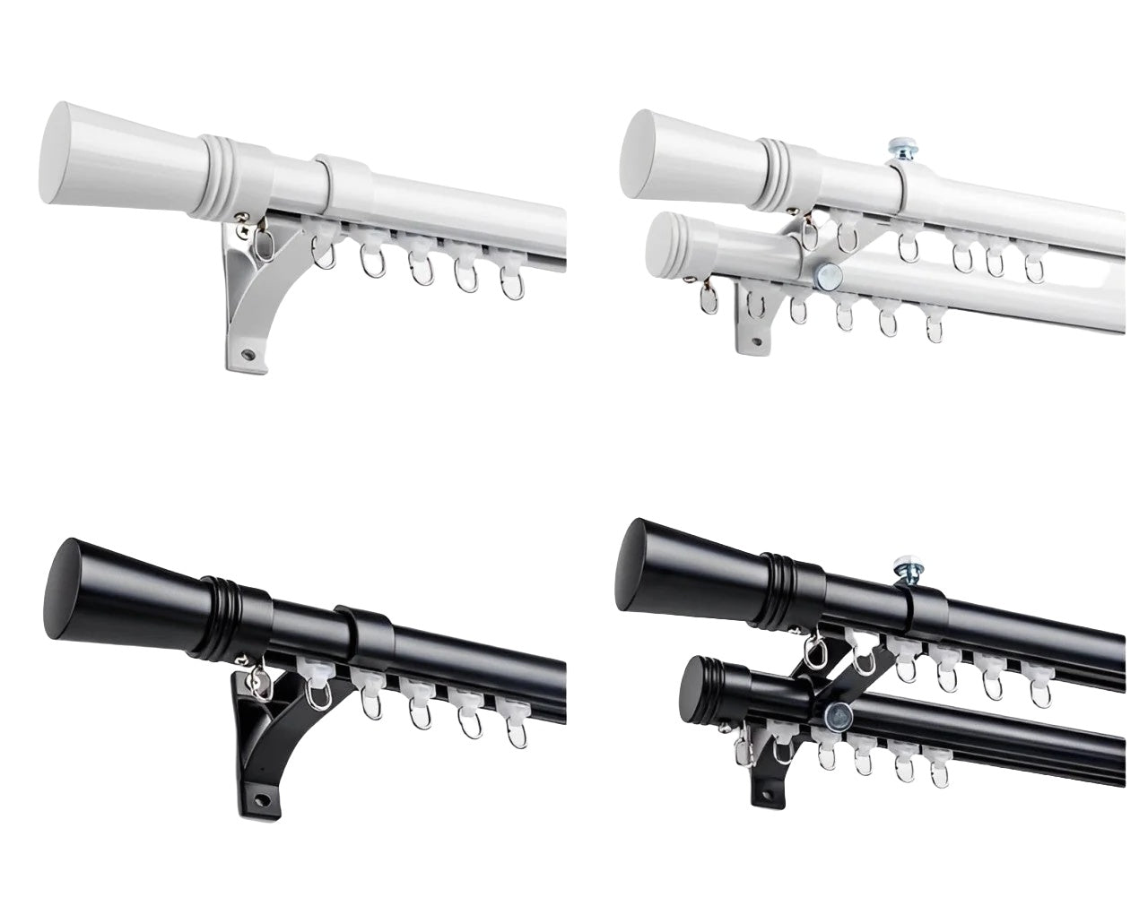 Extra-long curtain rod in white and black, customizable aluminum sliding rods with ripple fold header support.