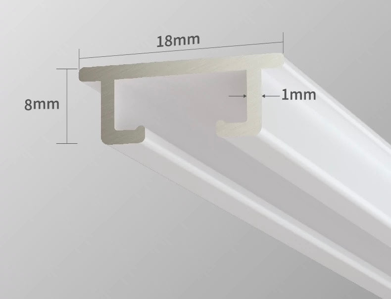 Ultra-thin aluminum ceiling curtain track with dimensions 18mm by 8mm, featuring quiet operation and sleek design.