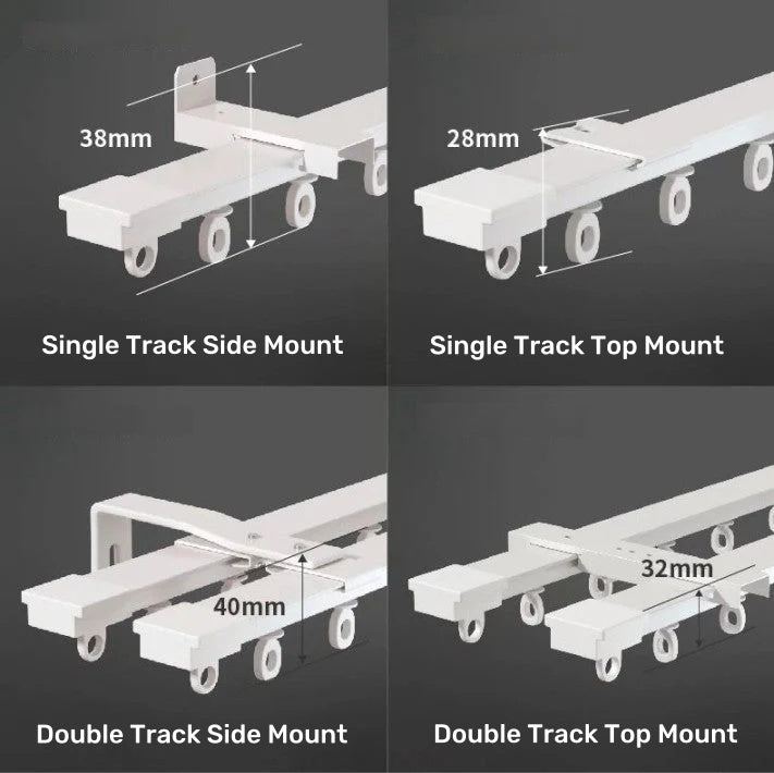 Ceiling curtain track mounting options and dimensions for single and double tracks.