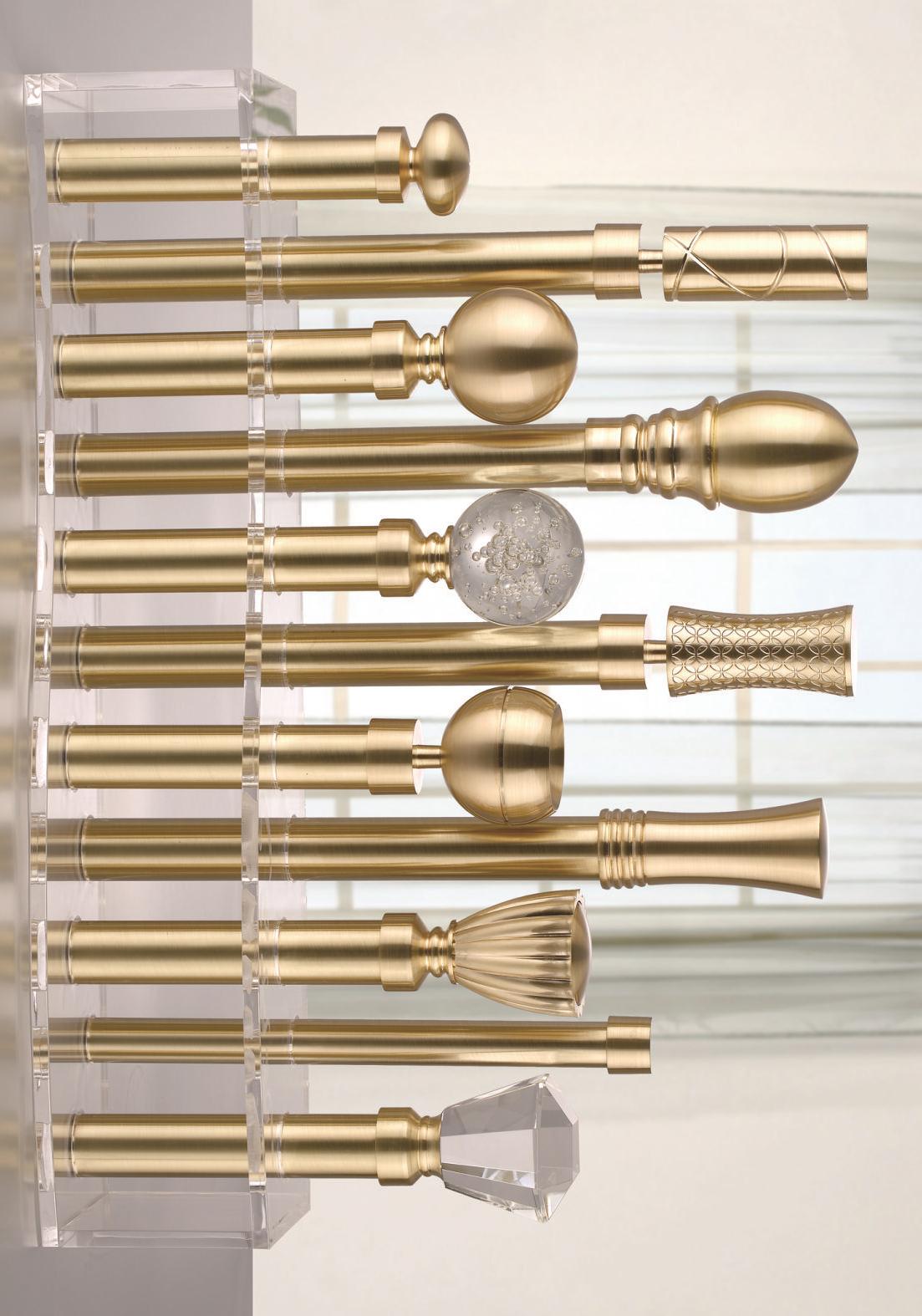 High end curtain rods with designer finials in premium brushed finish.