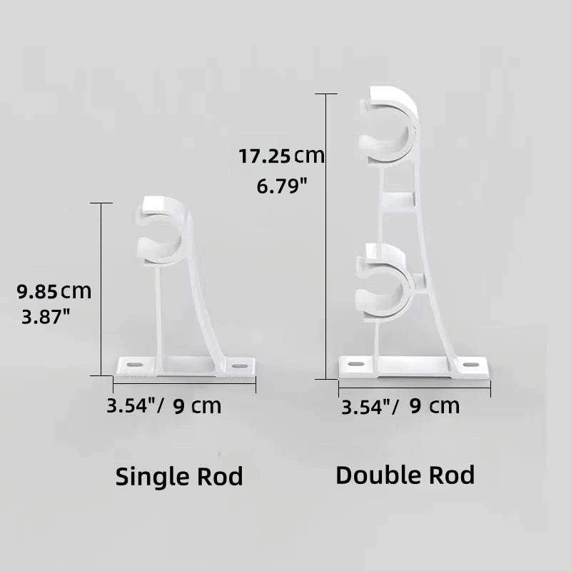 White adjustable curtain rod brackets in single and double rod sizes with measurements displayed