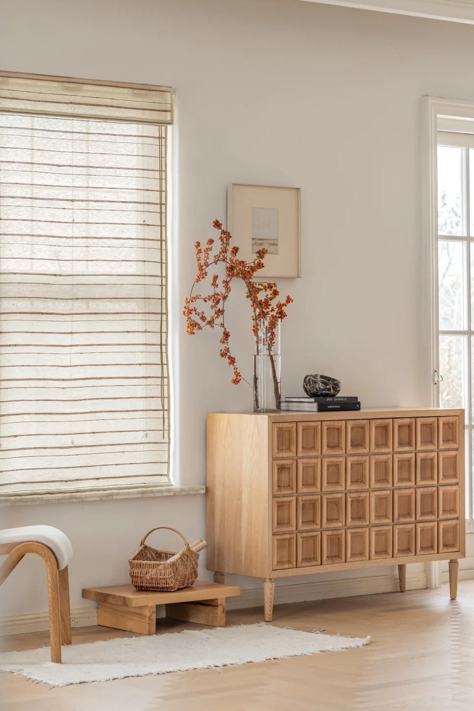 Ivory sand natural ramie bamboo blinds with woven texture in a bright living room setting