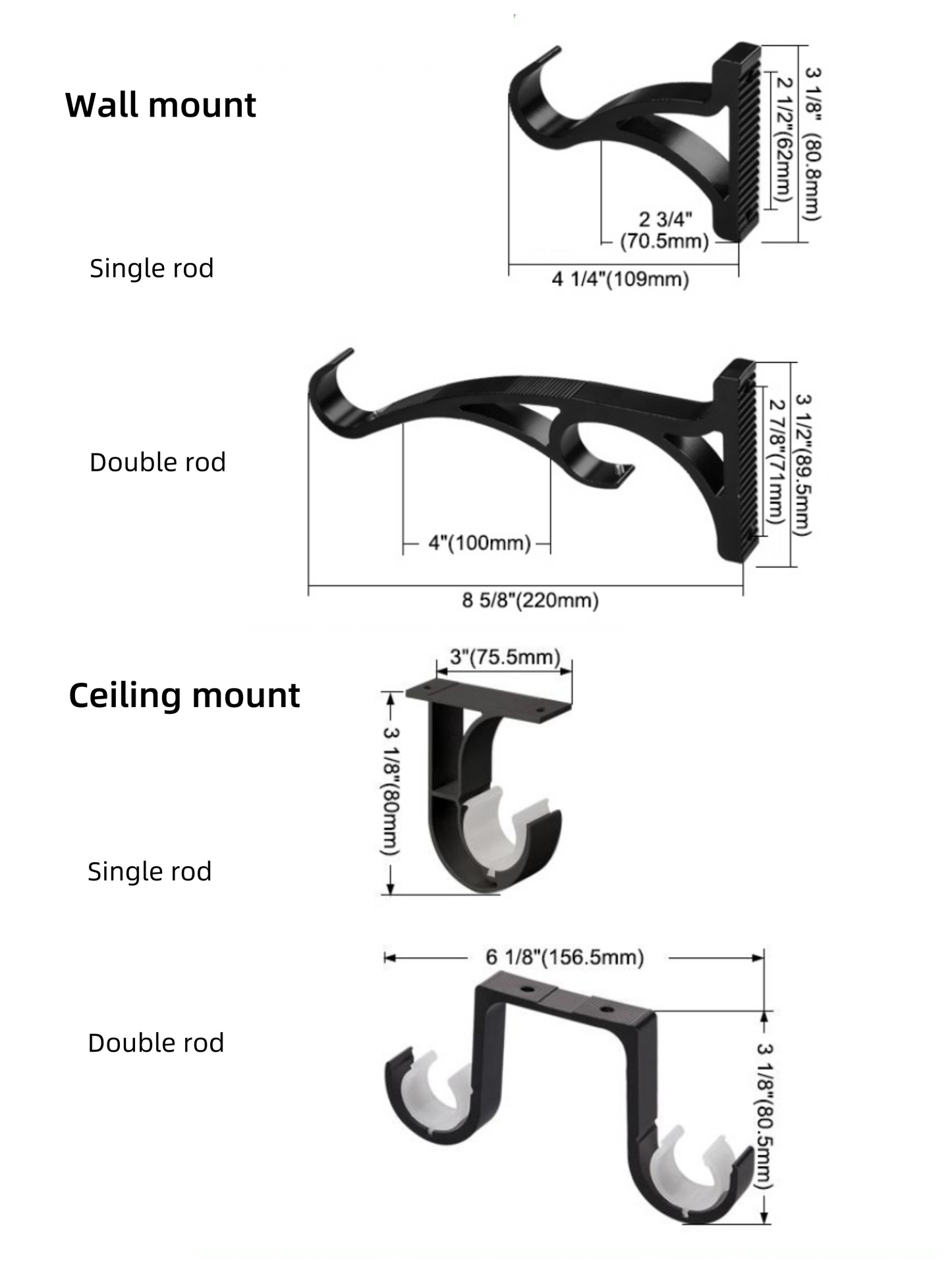 electric curtain rod mounting brackets for wall and ceiling with dimensions for single and double rods