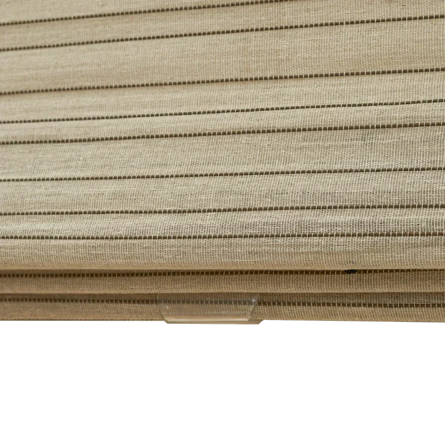 Natural linen bamboo shade with black stripes, eco-friendly and handcrafted.