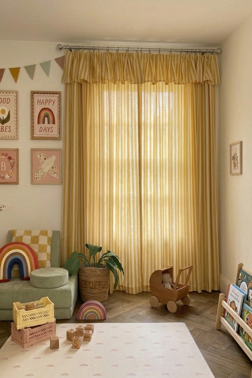Soft yellow striped linen playroom curtains with light filtering and blackout options for kids rooms