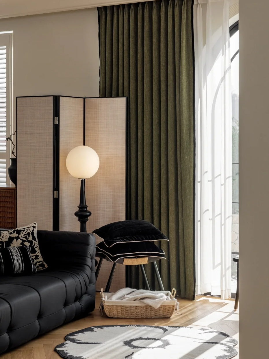 Custom chenille curtains in a cozy, elegant living room setting.