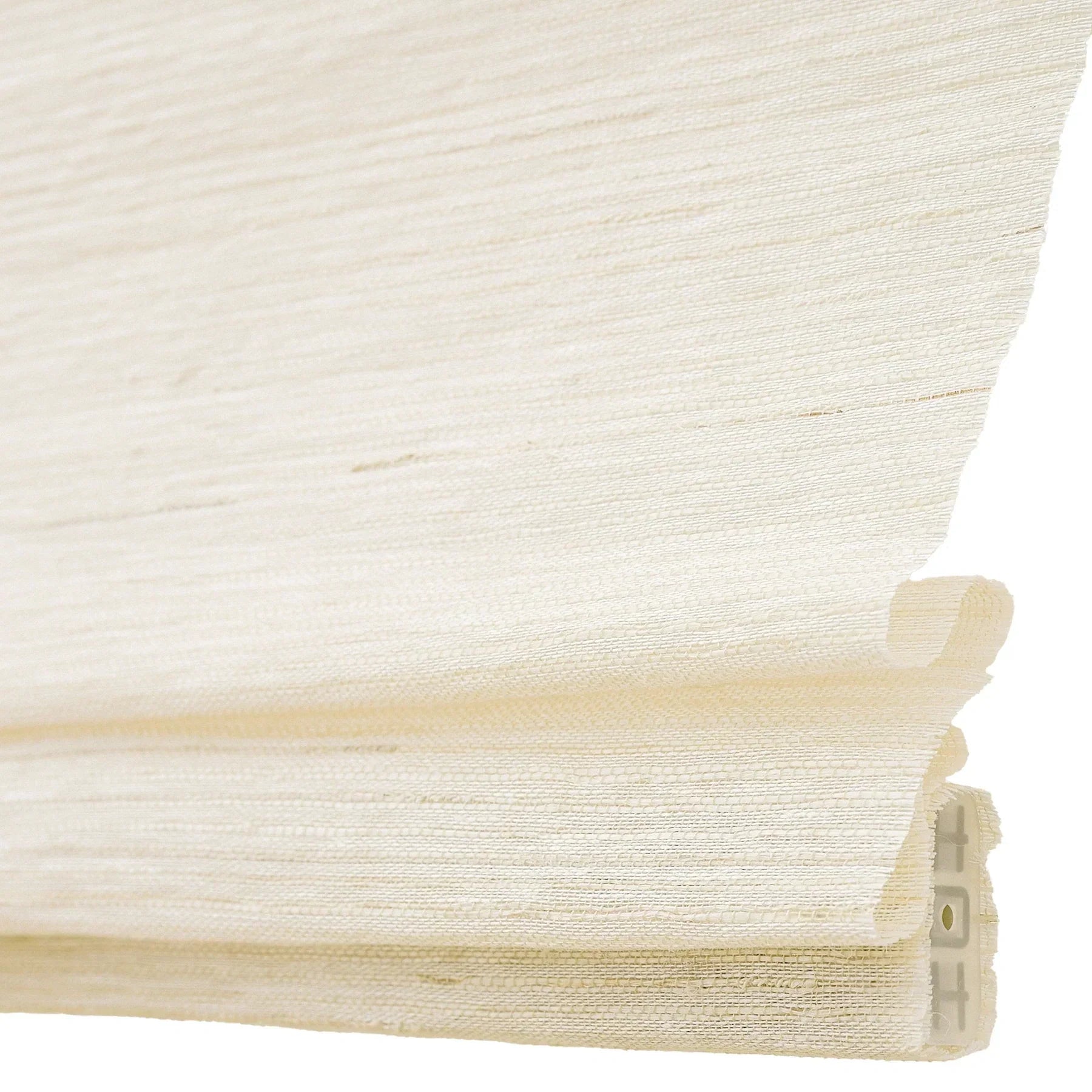 Coconut white natural ramie bamboo window shades with delicate woven texture.