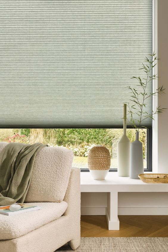 Cordless 38mm premium honeycomb blinds in mulberry silk finish, enhancing home decor.