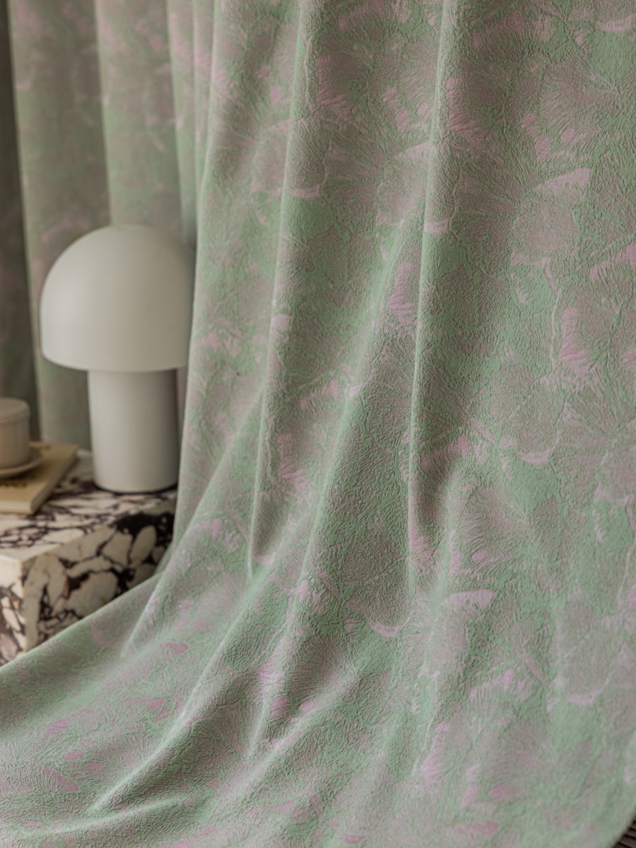 Green jacquard curtain with ginkgo leaf pattern, blackout feature, and textured cotton-silk blend fabric.