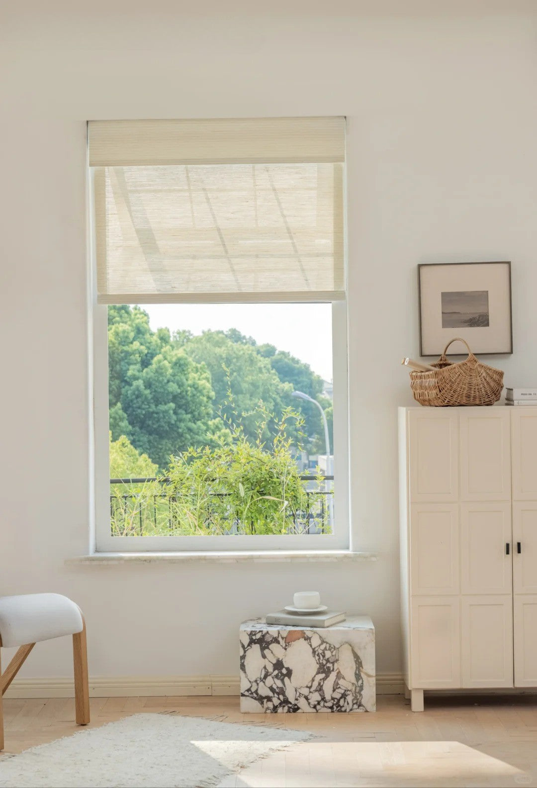 Creamy white natural ramie woven wood shades for mildew-resistant window coverings