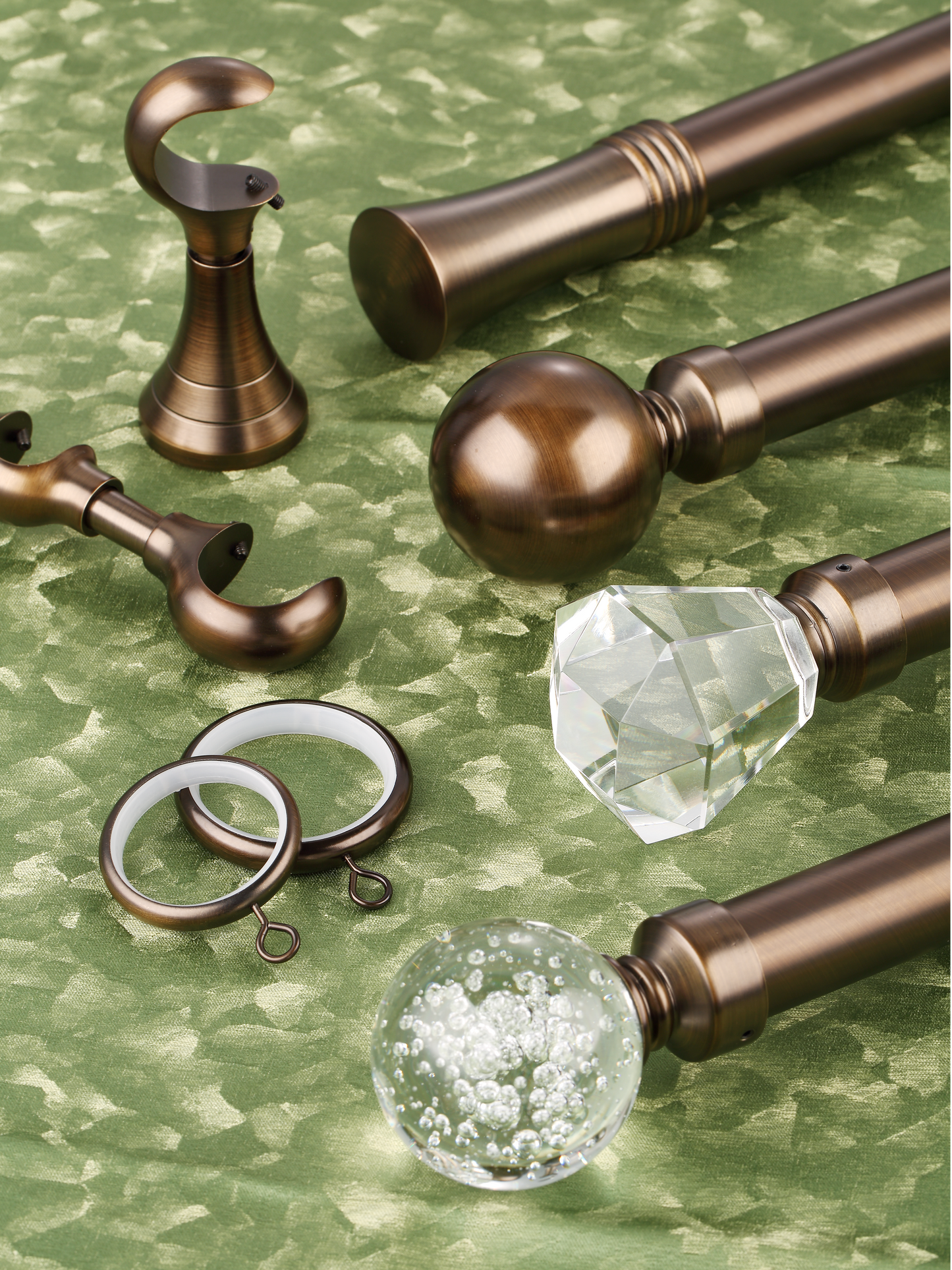 Antique bronze high end curtain rods with decorative finials, designed for ripple fold and pleated drapery.