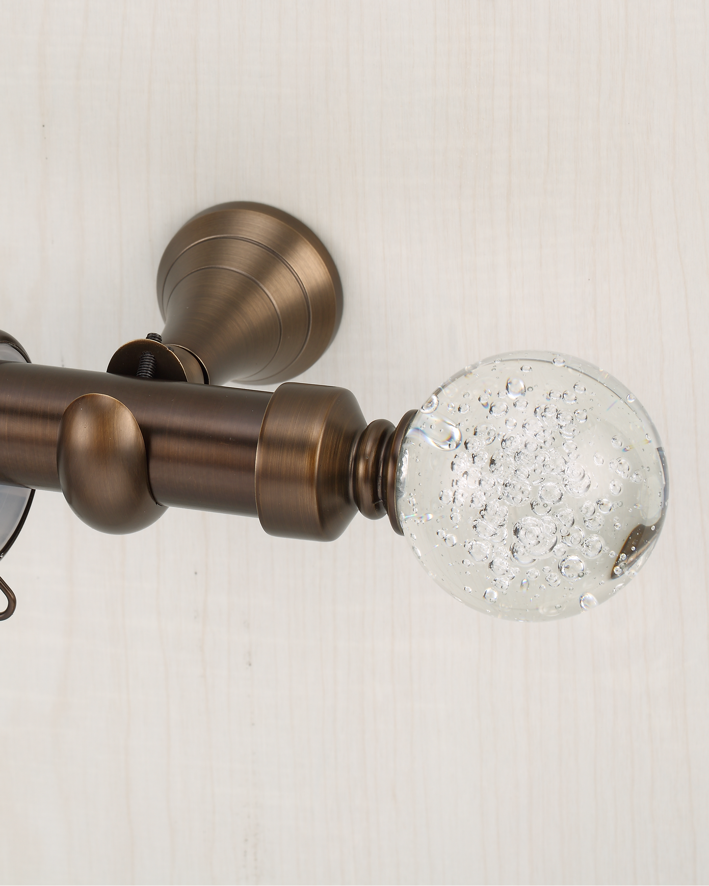 Antique bronze high end curtain rods with glass finial for ripple fold, pleated drapes, and corner windows.