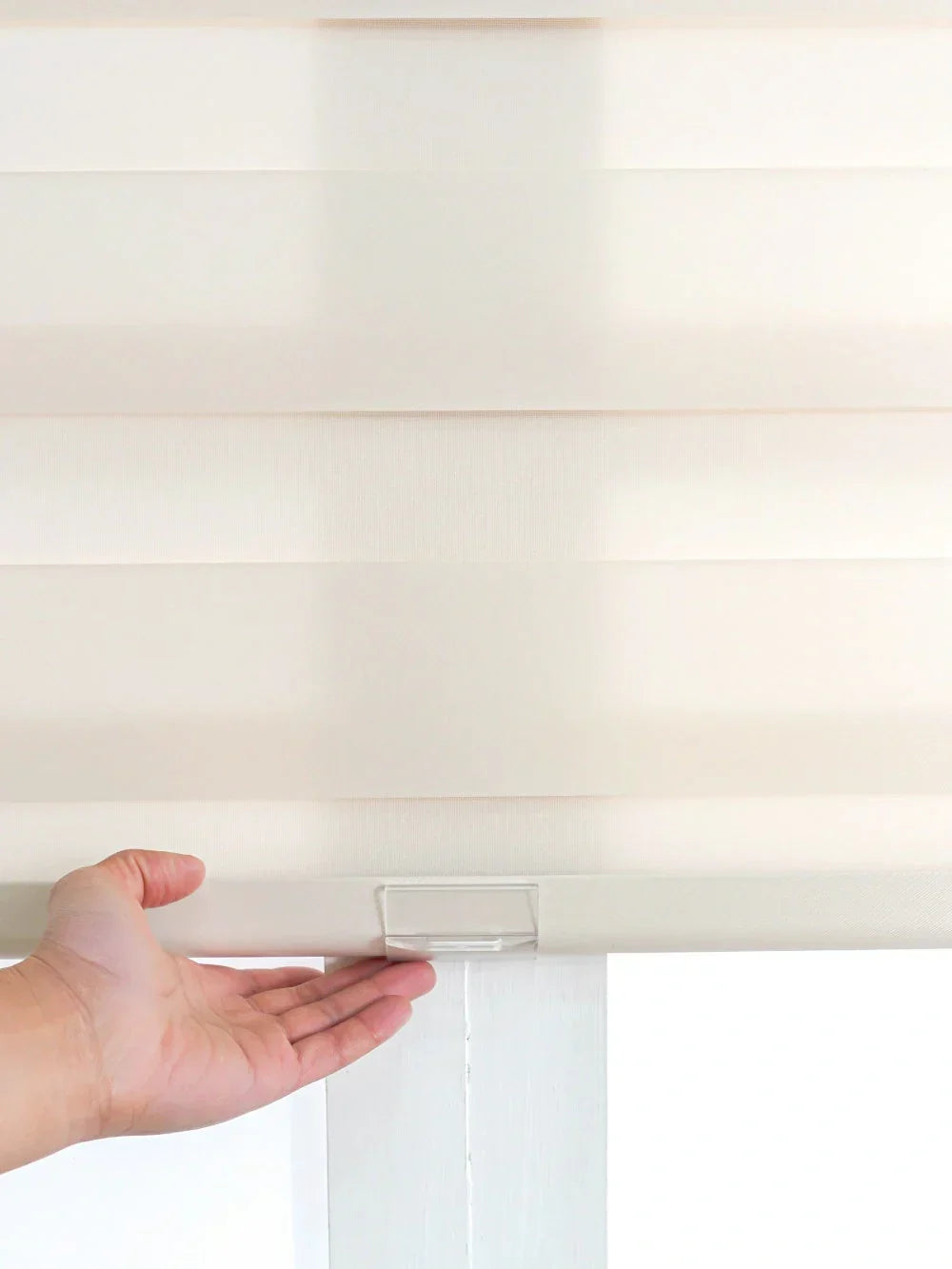 Extra-wide cordless no drill zebra shades installed on large window with gap-free design