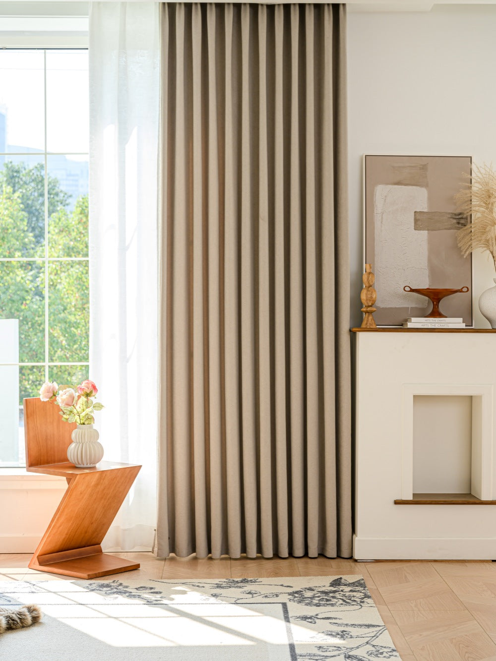 Luxury cashmere texture blackout curtains in a modern living room setting.
