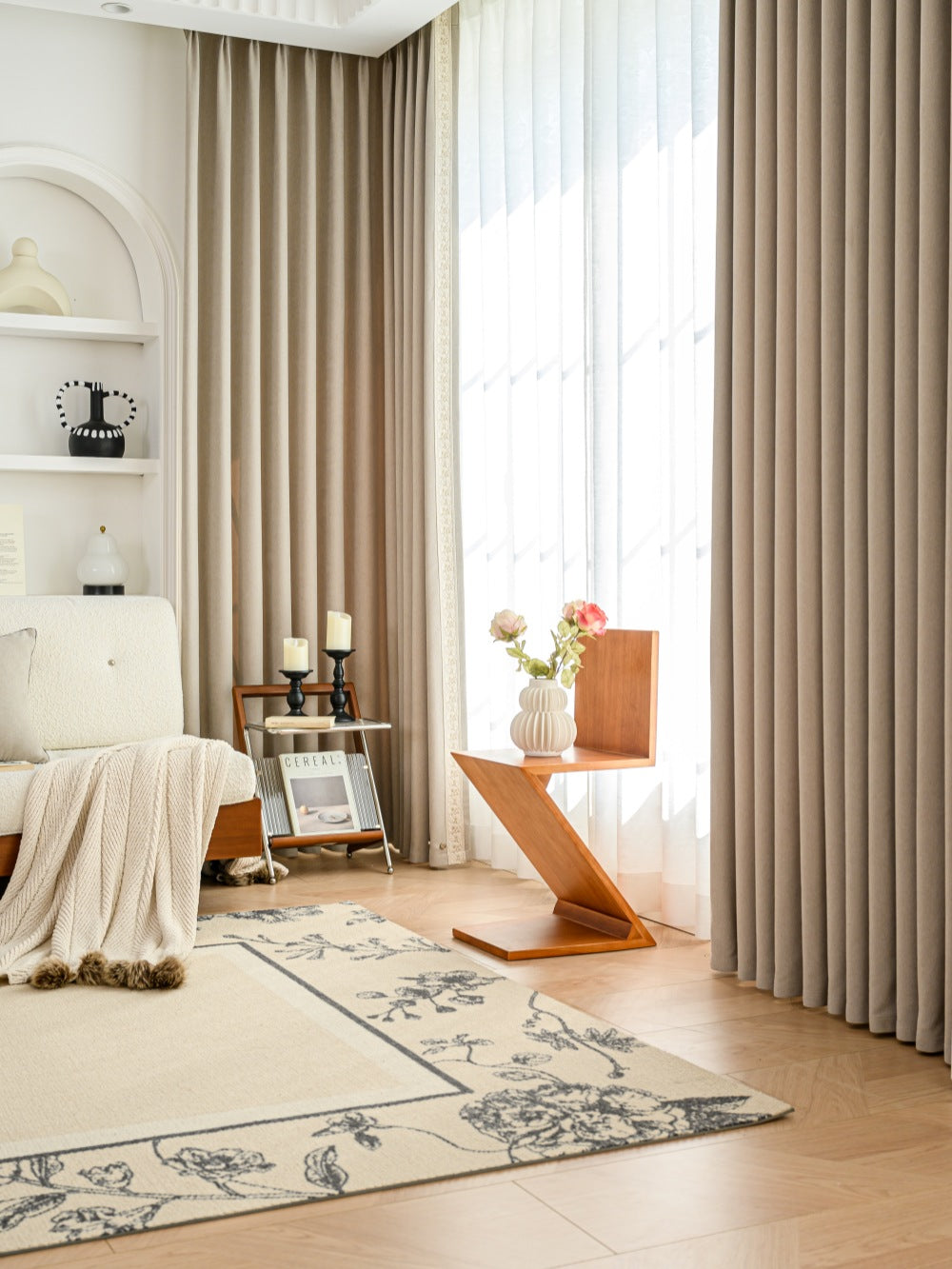 Luxury curtain with cashmere texture, blackout, pleated, in elegant living room setting.