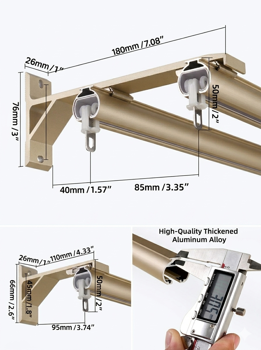 Custom oversized aluminum corner window curtain rod for U and L-shaped windows supporting pleat and ripple fold headers