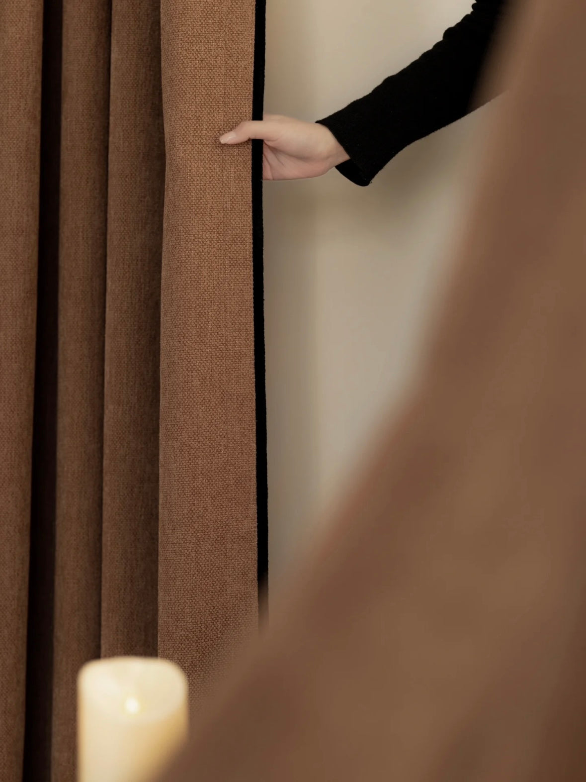 Heavyweight chenille blackout custom curtains for bedroom in vintage-inspired color.