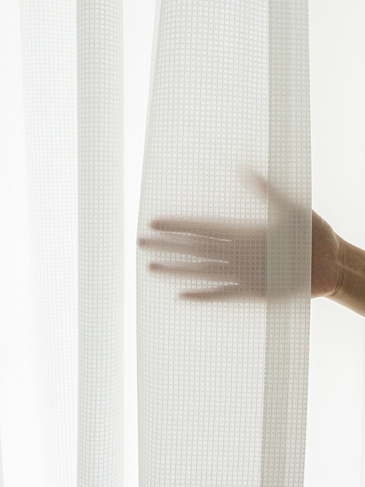 Premium white sheer curtains with waffle pattern for living room, offering sun-blocking and thermal insulation features.