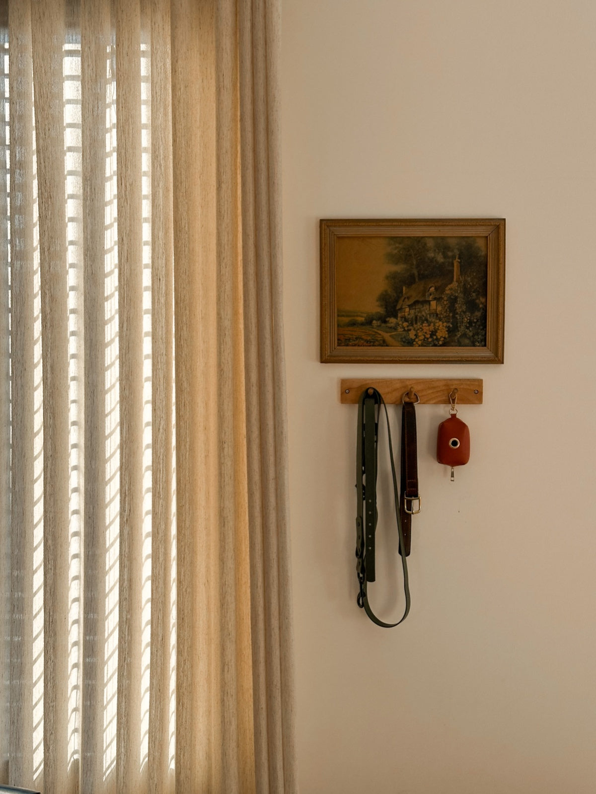Beige linen-wool blend sheer curtains with natural texture in elegant living room