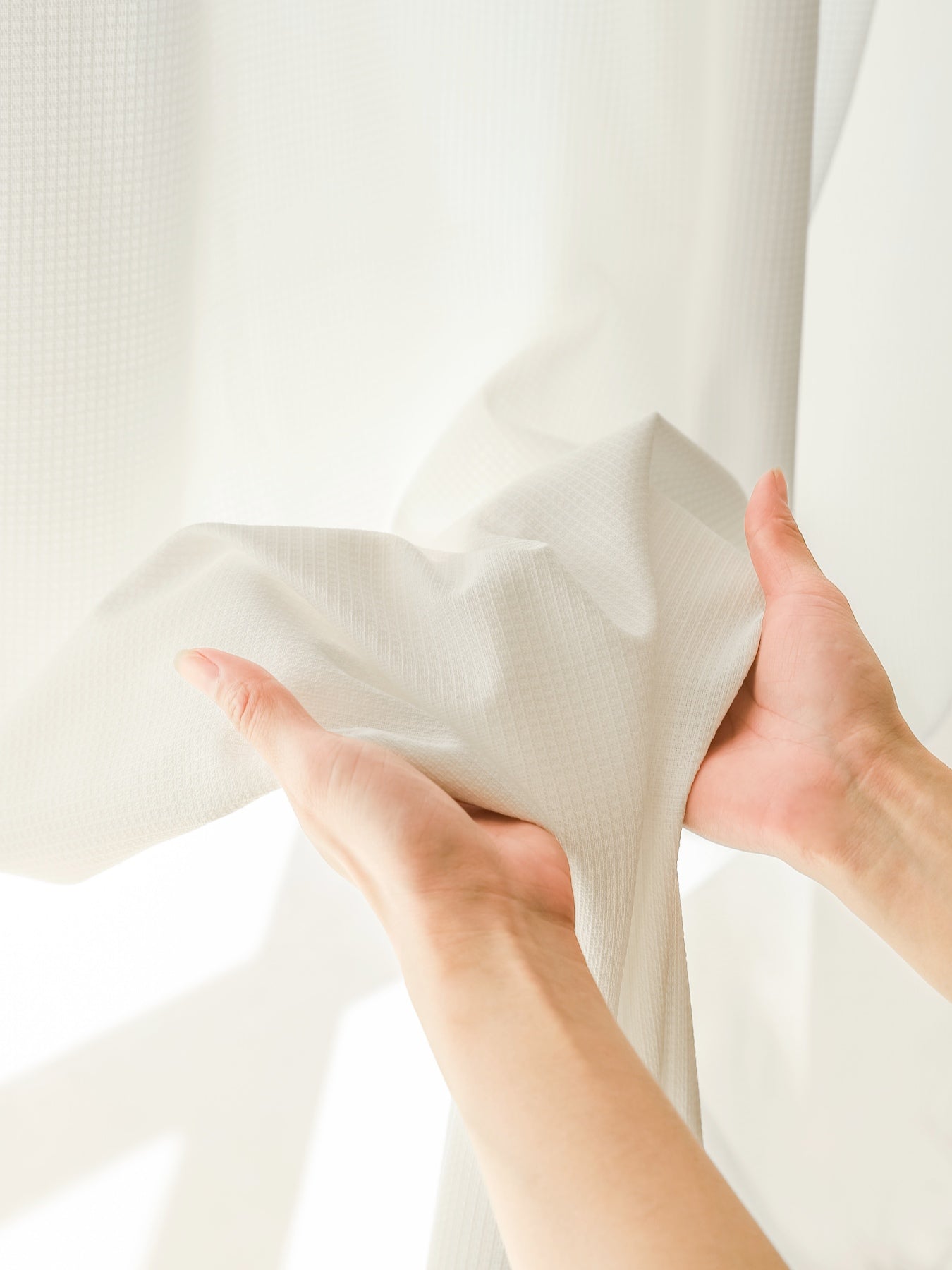 White waffle-pattern sheer curtains for living room, premium sun-blocking and thermal insulation.