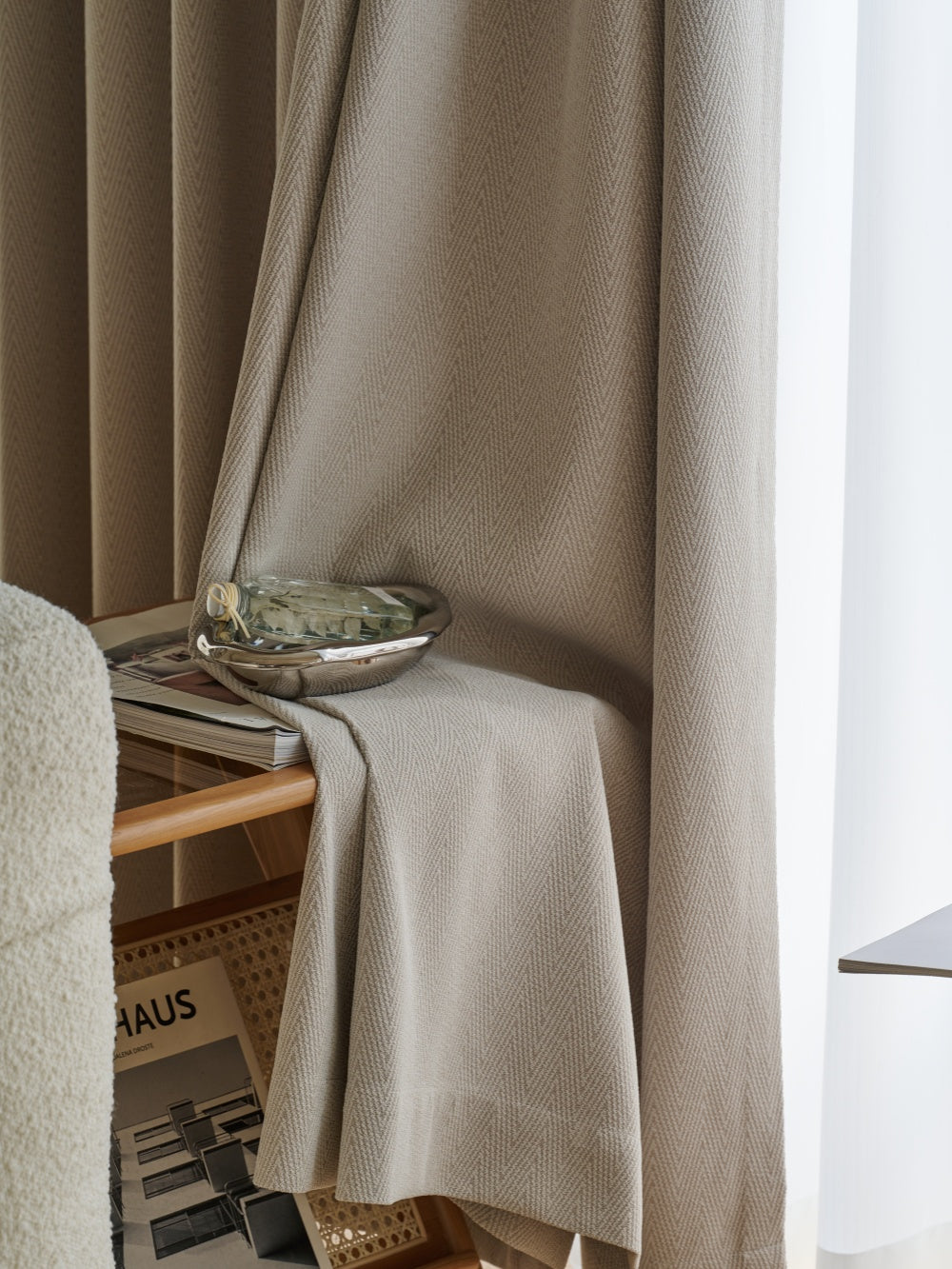 Herringbone blackout curtains for bedroom in beige, elegant and soft design for privacy and light blocking.