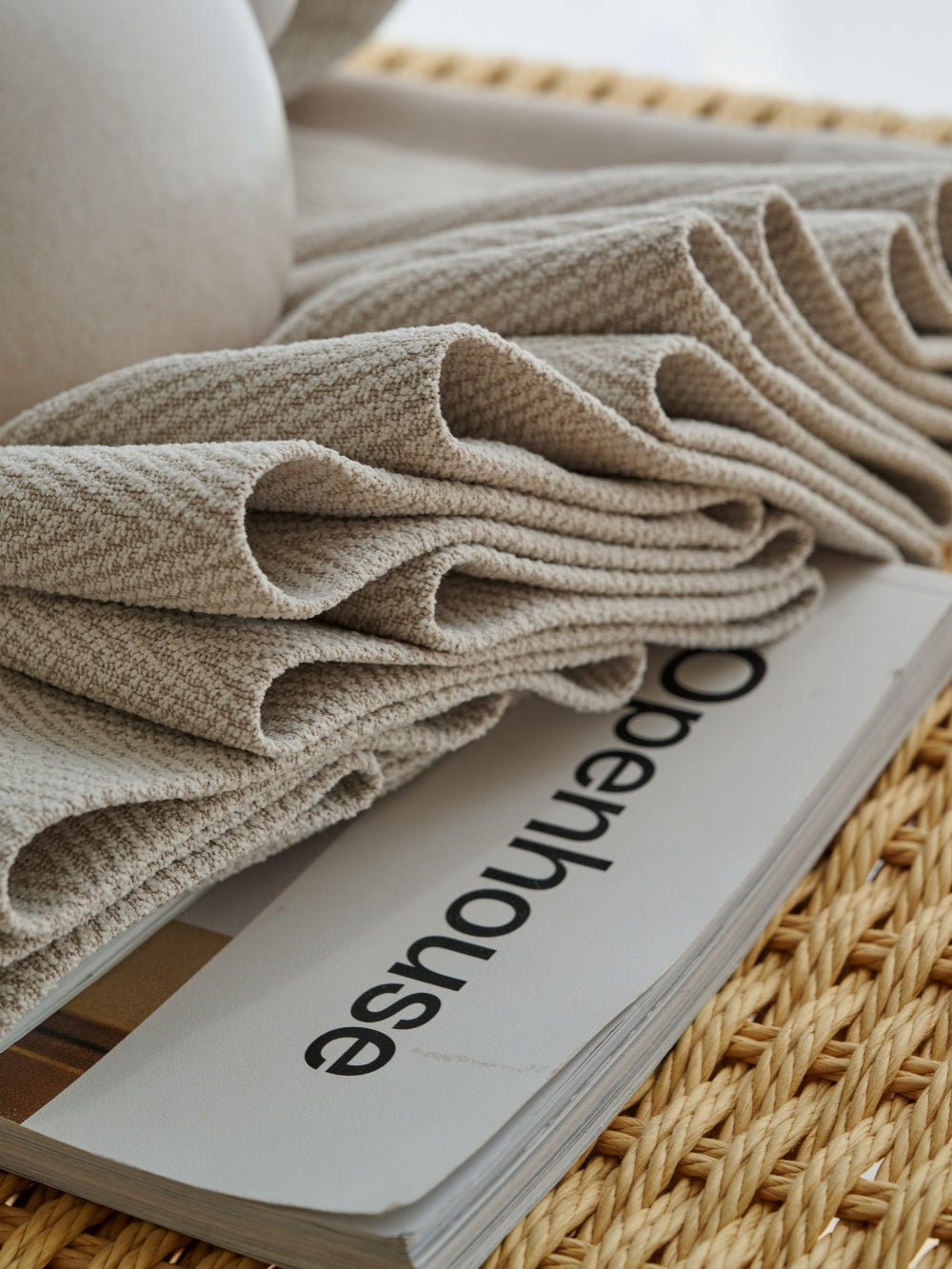 Herringbone pattern blackout curtains for bedroom in cream color with linen-cotton texture blocking light and noise