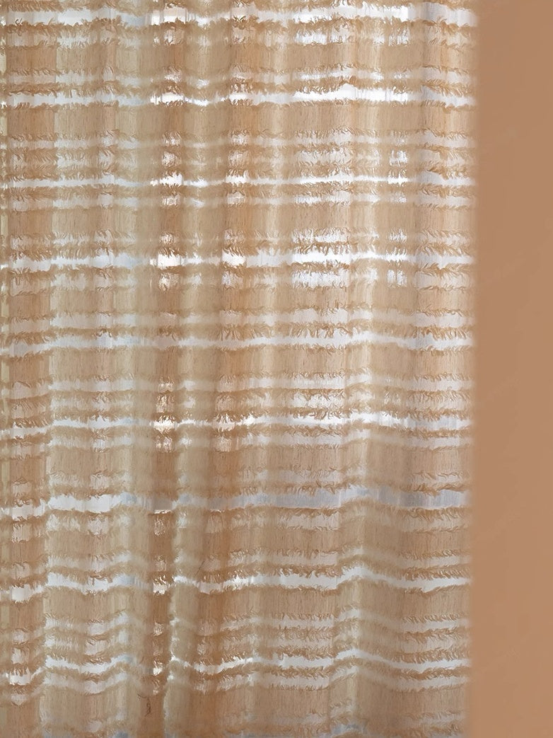 Beige mousse-inspired sheer curtains with layered fringe texture for living room décor