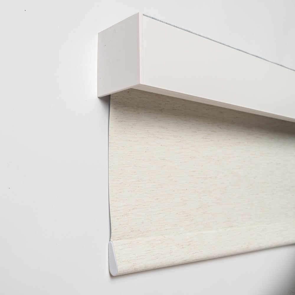 Luxurious cordless natural woven linen roller shades blinds in linen cream, featuring enhanced privacy and child-safe design.