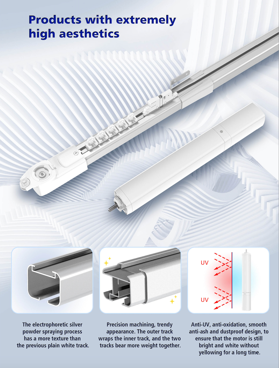 Electric curtain rail with UV anti-oxidation coating and silent operation technology.