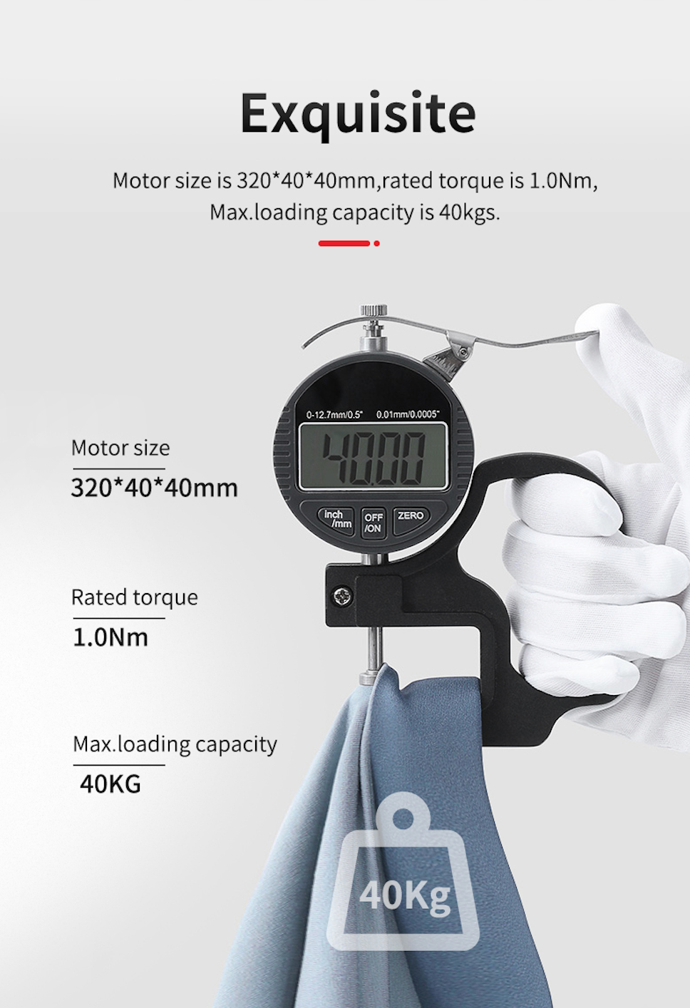 Electric curtain rail motor specifications, 40kg max load, 1.0Nm torque.