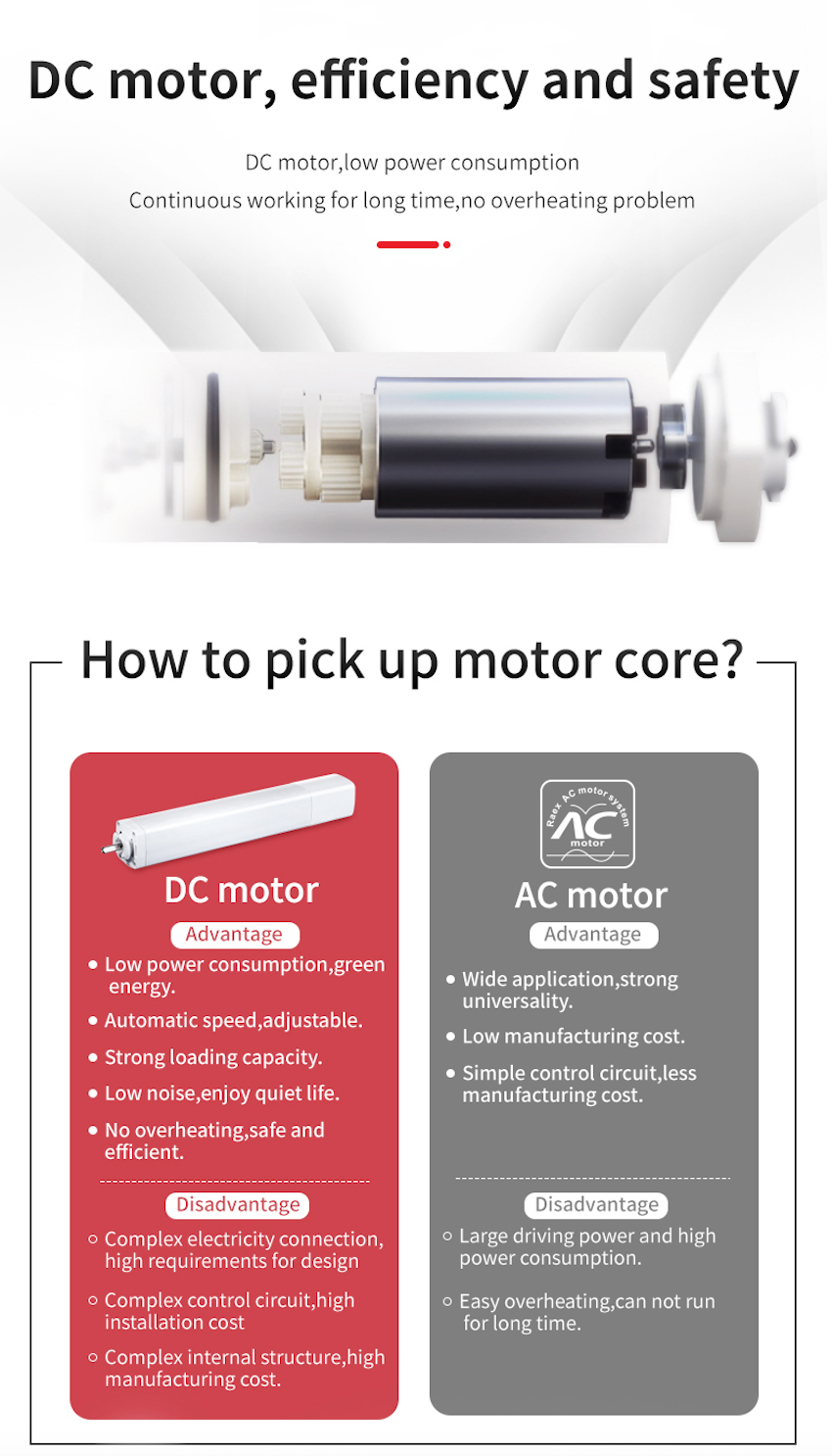 Electric curtain rail motor comparison for efficiency and safety, highlighting features of DC and AC motors.