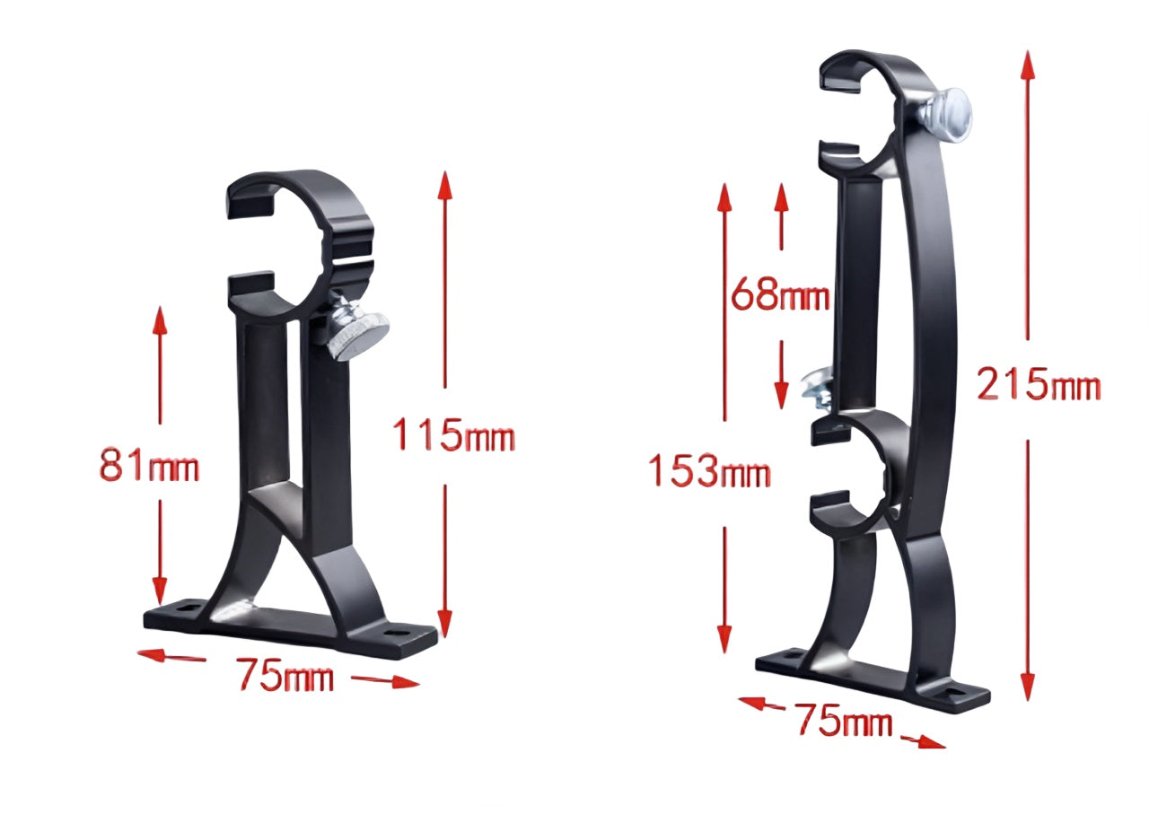 Extra-long curtain rod brackets with dimensions and adjustable features.