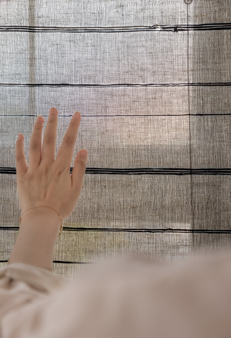 Natural ramie bamboo woven blinds with black stripes, mildew resistant, handwoven design.