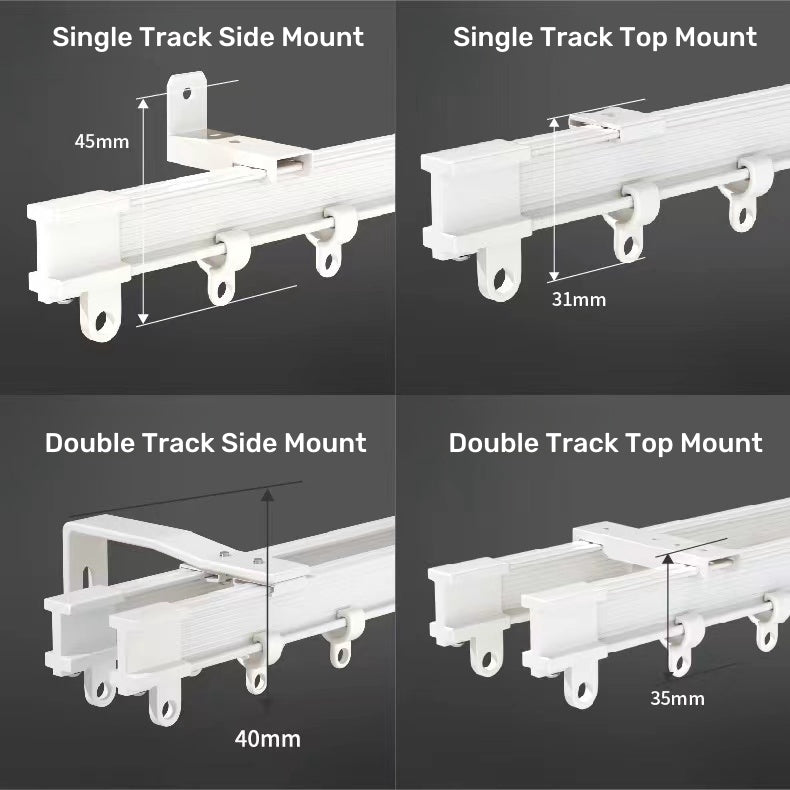 Ultra-thin curved curtain track for bay windows, showcasing single and double track side and top mount options.