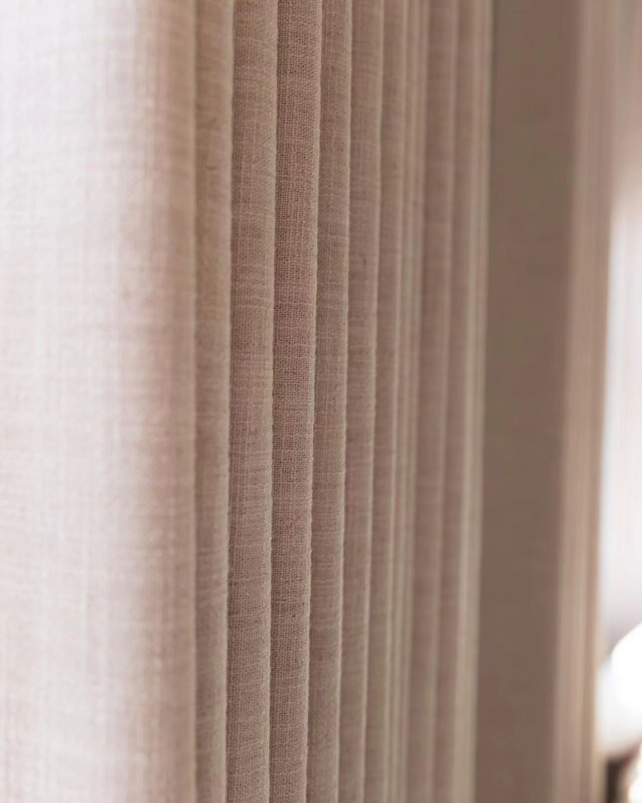 Linen blackout curtains with pinch pleat design, eco-friendly and durable fabric.