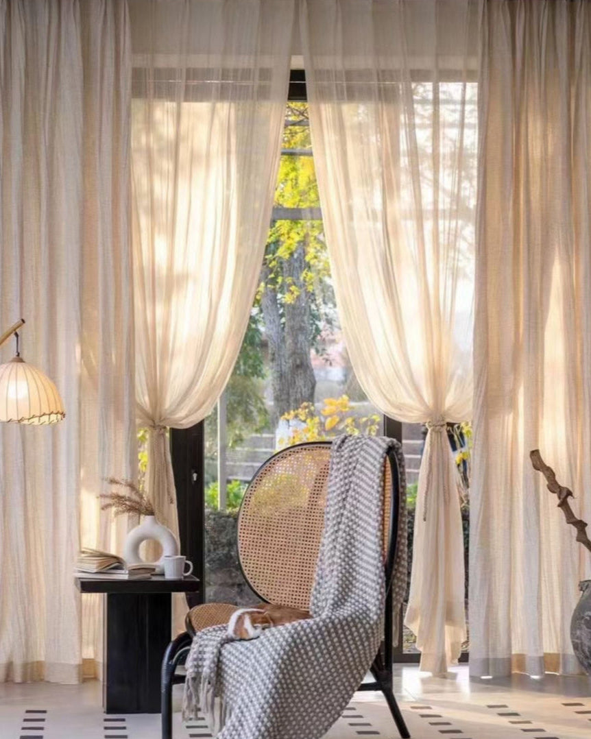 Lightweight crinkled linen gauze living room curtains, semi-privacy, light-filtering, elegant boho style.