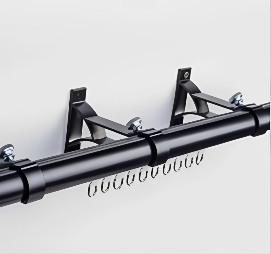 Extra-long customizable aluminum curtain rod with support brackets and ripple fold header.