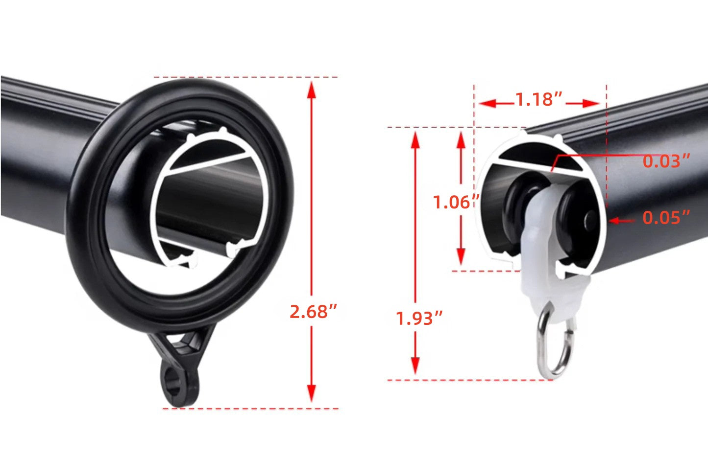 Close-up of extra-long black aluminum curtain rod with dimensions and cross-section details showing internal sliding mechanism and hanging ring.