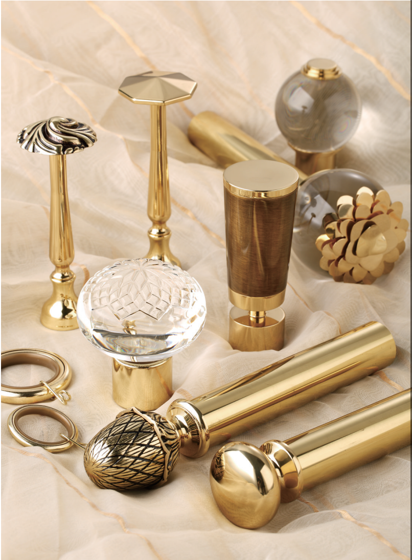 High end curtain rods with designer finials, ideal for modern drapery styles and corner windows.