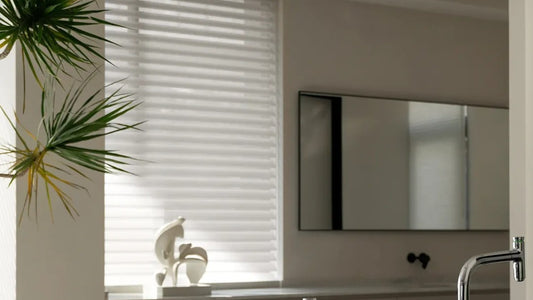 Shangri-La sheer shades adjusting light in a minimalist modern kitchen