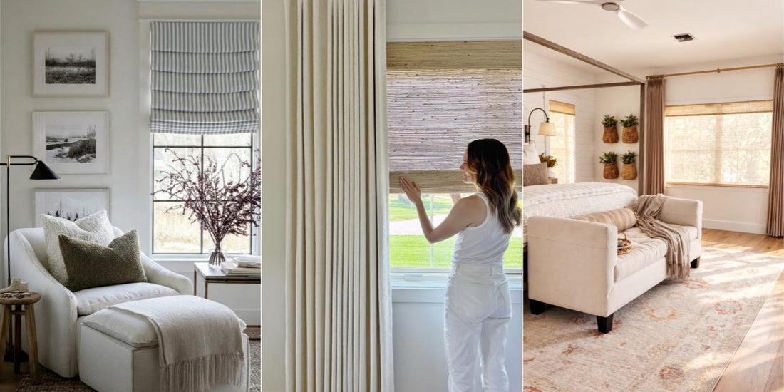 2027 curtain trends: striped Roman shades, textured linen curtains and natural woven shades in modern farmhouse interiors