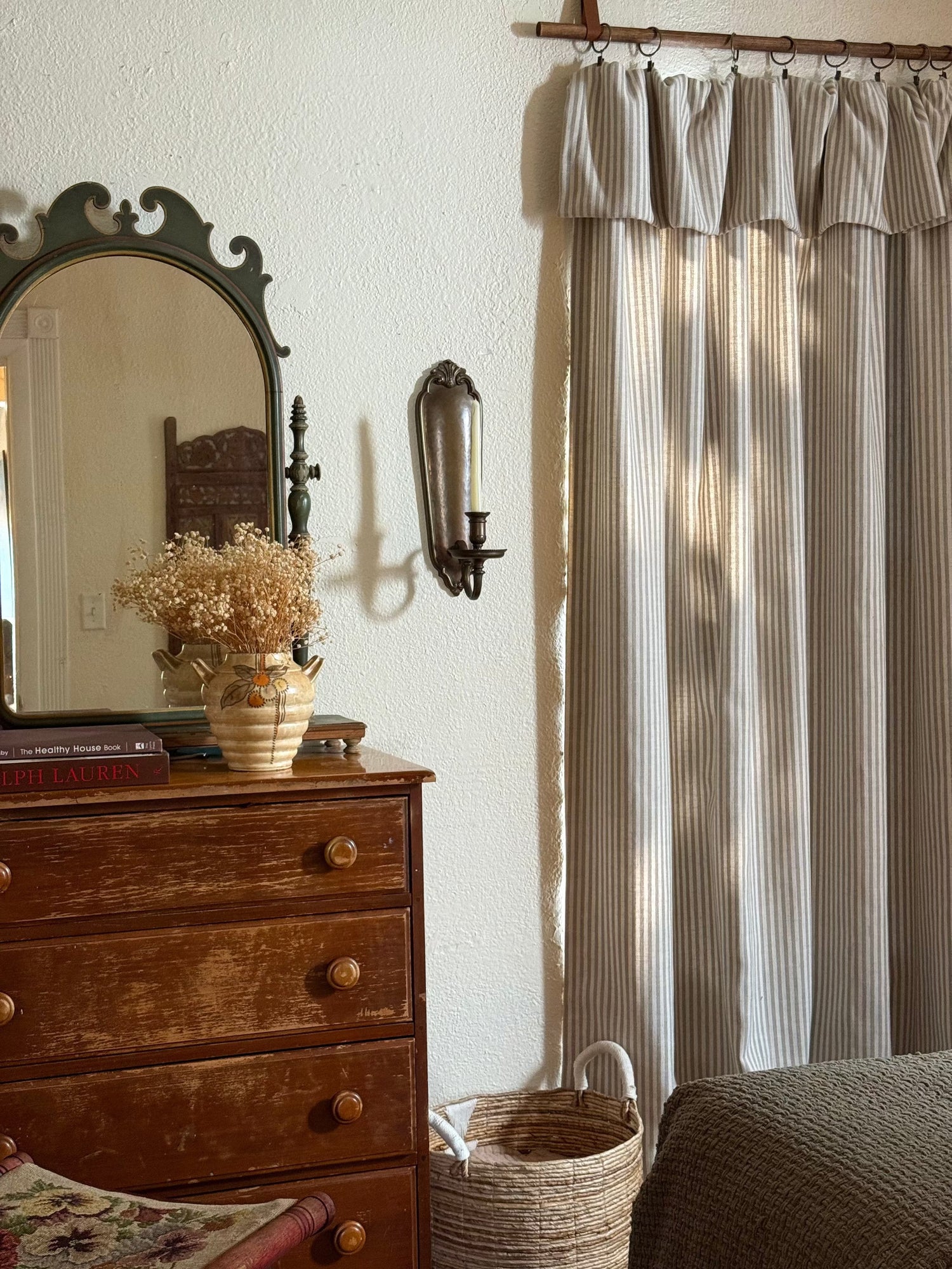 French ruffle top curtains in striped and linen fabric
