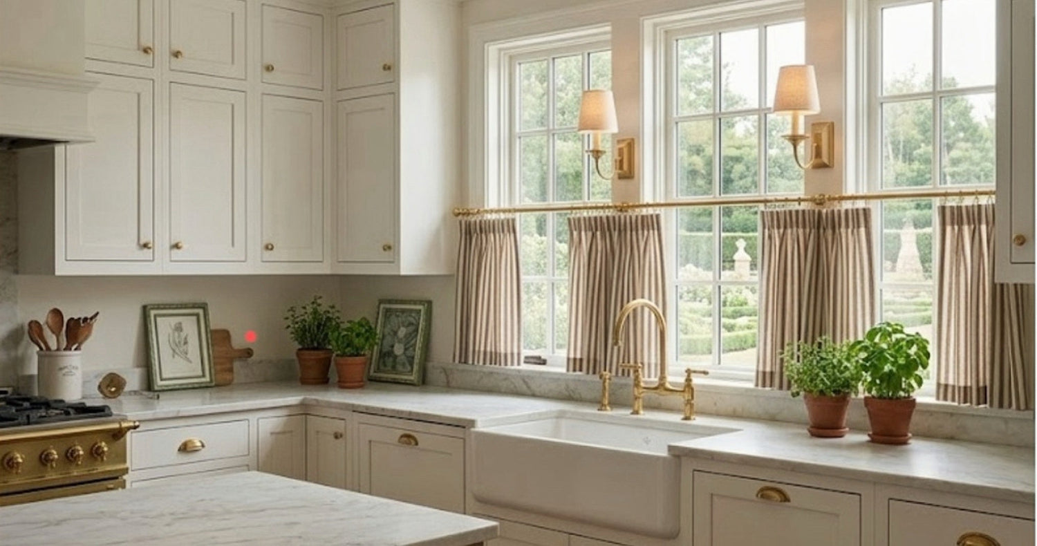 Simple white cafe curtains on a small window letting in natural light, enhancing kitchen decor