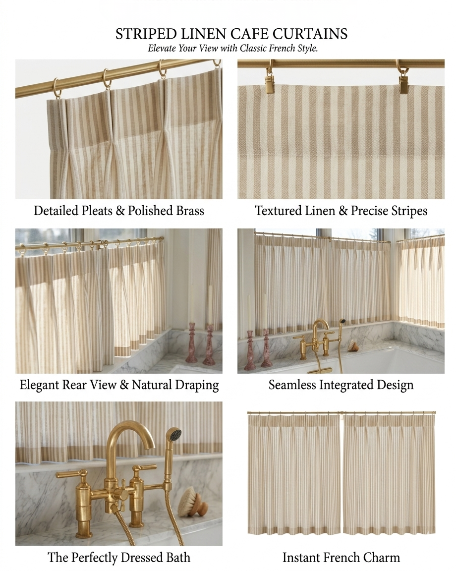 Classic striped linen cafe curtains hanging on a kitchen window in French country style