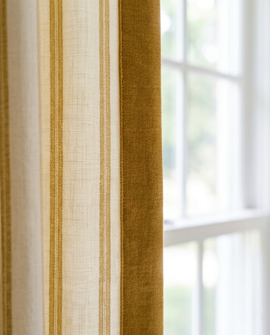 Modern minimalist Bauhaus stripe office curtains with ochre velvet trim for a stylish workspace