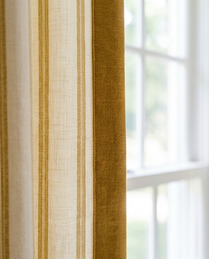 Modern minimalist Bauhaus stripe office curtains with ochre velvet trim for a stylish workspace