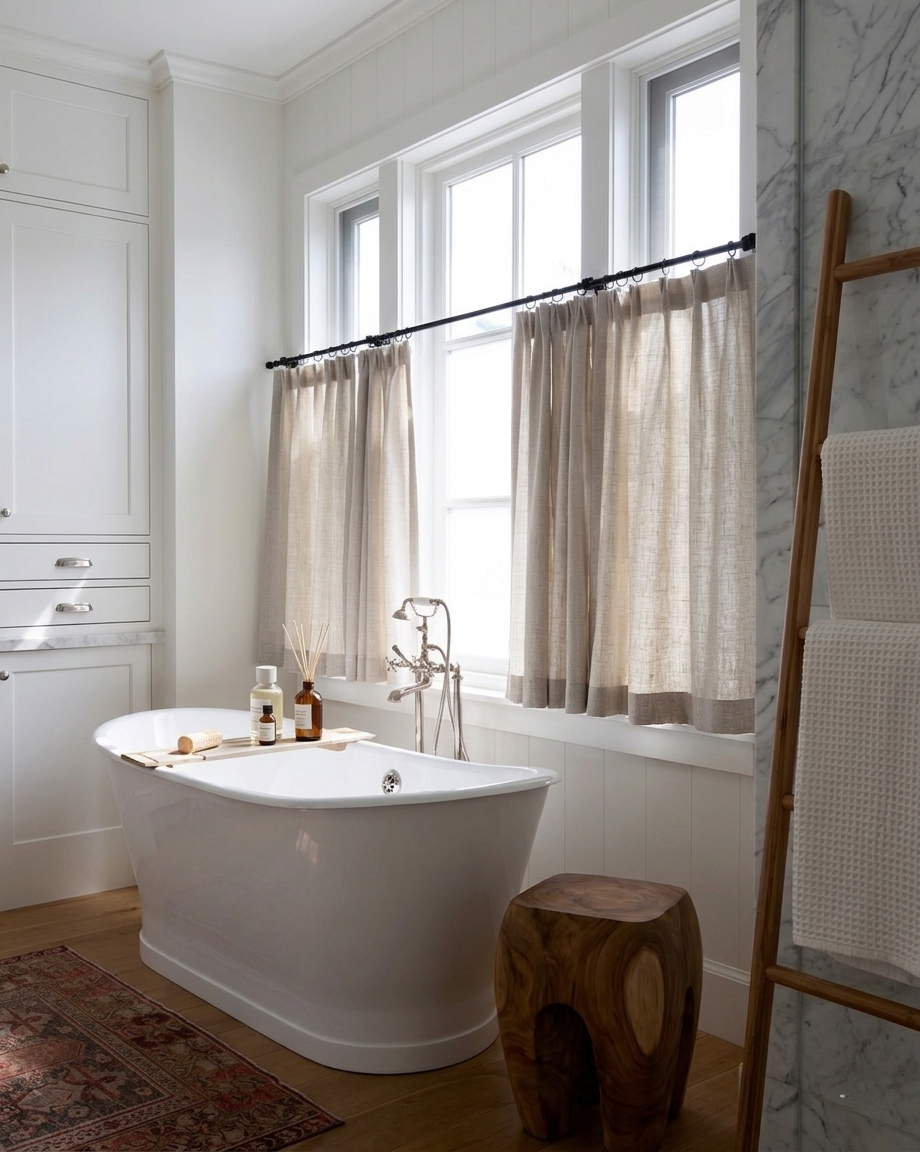 Custom cafe curtains in semi-sheer fabric, customizable size and color for kitchens and dining rooms.